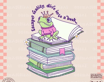Ontsnap aan de realiteit en spring in een PNG-boekbestand, schattig trendy leesgrage kikkerlezing ontwerp voor shirt, stickers, bladwijzer, kopjes, draagtas, sleutelhanger