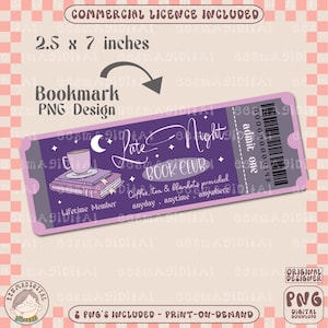 Late night book club Bookmark Design, PNG File, Cute Artsy Creative Bookish Printable Bookmark Design for Commercial Use