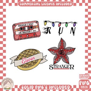 Peut inclure: Illustrations numériques comprenant une cassette avec le texte "SHOULD I STAY OR SHOULD I GO", une guirlande lumineuse avec le mot "RUN", une gaufre avec le mot "Eleven", et un Demogorgon avec le mot "STRANGER".