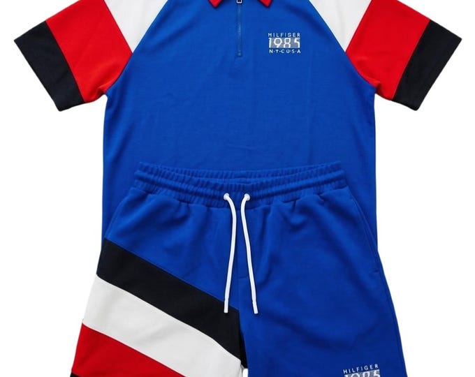 New Tommy Hilfiger Stripe Set Polo T-shirt & Shorts / Blue / Size L