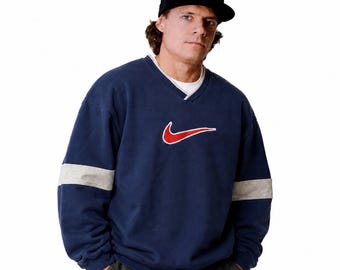 Vintage 90s Nike Sweatshirt Blue Red Swoosh V-Neck Pullover Oversized Sportswear Spellout Jumper / Size XL