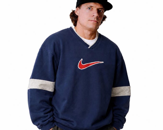 Vintage 90s Nike Sweatshirt Blue Red Swoosh V-Neck Pullover Oversized Sportswear Spellout Jumper / Size XL