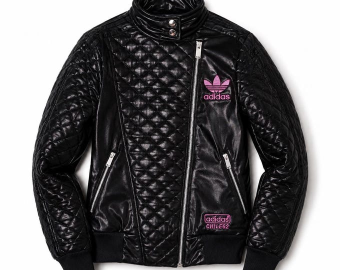 Vintage Adidas Chile 62 Quilted Jacket Black Pink Trefoil Y2K 90s Moto Biker Zip Up Women's / Size XS