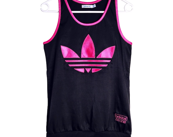 Vintage 90s Adidas Chile 62 Tank Top Black Pink Trefoil Logo Sleeveless Shirt Y2K Sportswear Retro Festival Streetwear / Size S (34)