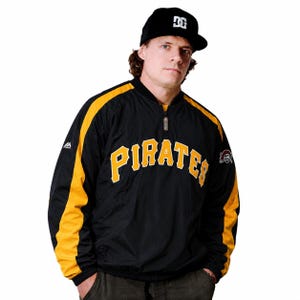 Vintage 90s Pittsburgh Pirates Jacket Majestic MLB Pullover Black Yellow Windbreaker Baseball Jacket Retro Streetwear / Size M/L