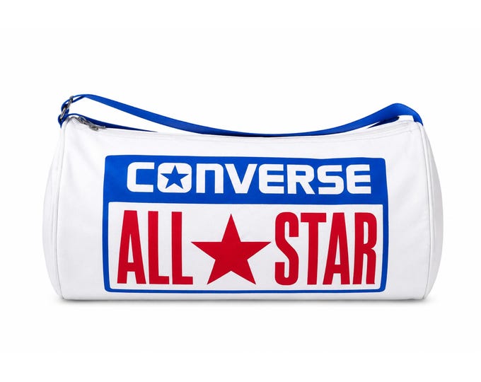 Vintage Converse Chuck Taylor All Star Legacy Barrel Duffel Gym Bag. Retro 90s aesthetic, white/blue/red colorway