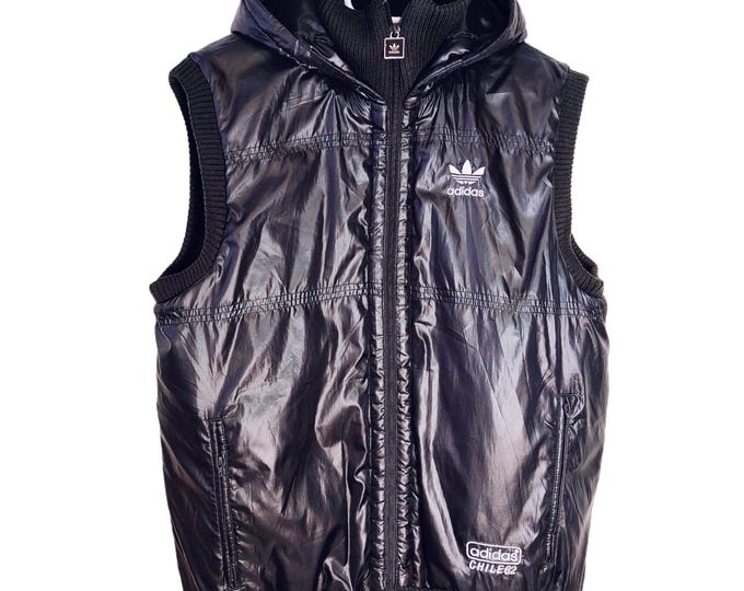 Vintage 90s Adidas Chile 62 Vest Black Shiny Puffer Sleeveless Jacket Trefoil Y2K / Size M