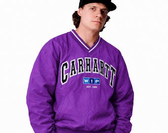 Carhartt WIP Purple Pullover Windbreaker Jacket Y2K 90s Style Nylon V Neck Sweatshirt Size M/L