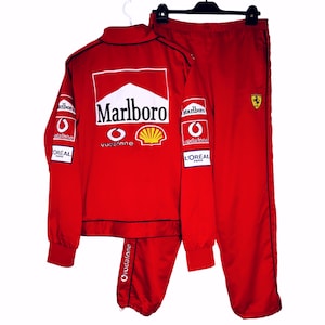 Vintage Ferrari Michael Schumacher Marlboro Racing Trainingsanzug, Rot, Y2K Formel 1 Jacke und Hose, Sponsorenlogo OMP Vodafone Shell / Größe S
