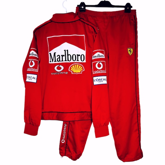 Vintage Ferrari Michael Schumacher Marlboro Racing Tracksuit Set Red Y2K Formula 1 Jacket Pants Sponsor Logo OMP Vodafone Shell / Size S