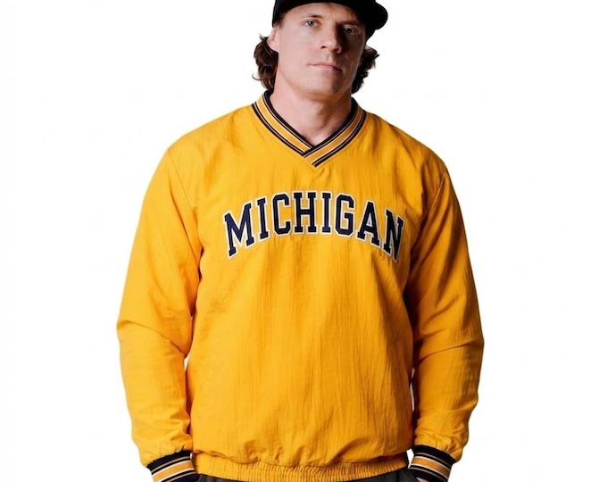 Vintage 90s Champion Michigan Pullover Windbreaker Yellow V-Neck Embroidered Spell Out Lined College NCAA Jacket / Size XL
