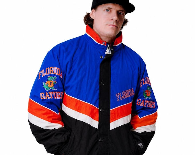 Vintage 90s Starter Florida Gators Jacket – Colorblock Blue Orange Black – College Windbreaker – Retro Streetwear Starter Coat / Size M