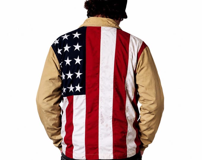 Vintage 90s Tommy Jeans USA Flag Shirt Button Up Red White Blue Beige American Flag Streetwear / Size L