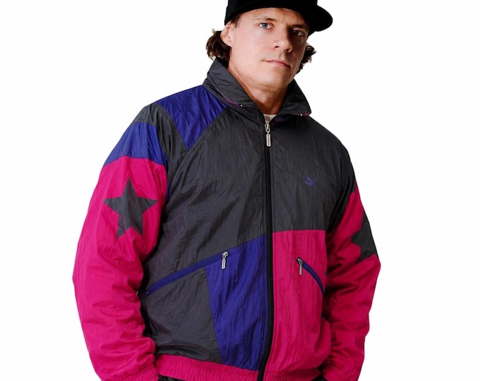 Vintage 90s Puma Windbreaker Jacket Color Block Pink Blue Black Star Sleeves Retro Track Jacket Oversized Nylon Zip Up Unisex / Size L