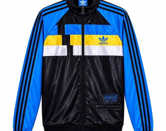 Vintage 90s Adidas Chile 62 Track Jacket Black Blue Yellow Shiny Zip-Up Retro Streetwear / Size M
