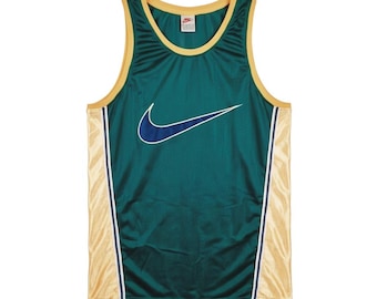 Vintage 90s Nike Mesh Running Tank Top Green Gold Big Swoosh Y2K Athletic Jersey / Size L/XL