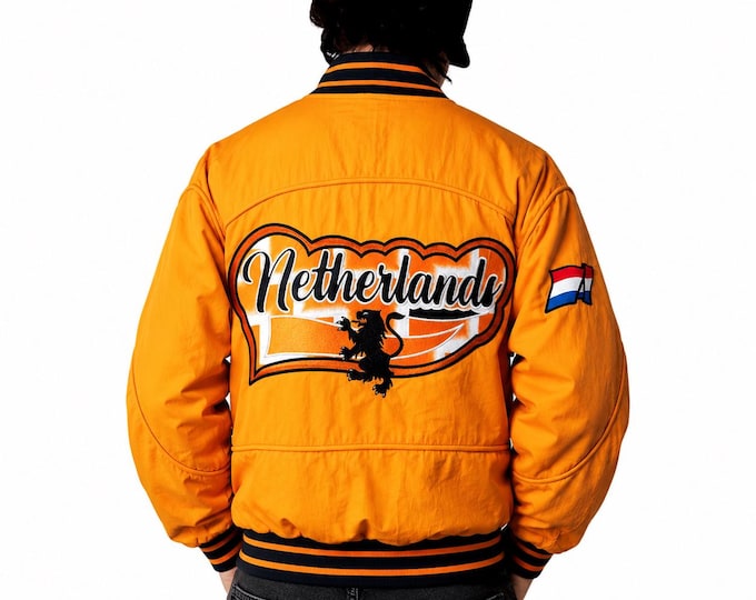 New Netherlands Holland Varsity Bomber Puffer Jacket Classic Football Shirts Size S/M Retro Style 90s y2k Oldschool Streetwear Orange