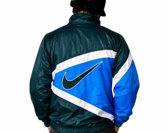 Vintage 90s Nike Windbreaker Jacket Blue Green White Big Swoosh Track Jacket Retro Streetwear Nylon Zip Up Mens Womens / Size L