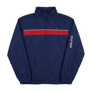 Vintage Tommy Hilfiger Denim-Windbreaker-Trainingsjacke, Größe XL (Damen/Junge Frauen), Retro-Stil, 90er-Jahre, Y2K, Oldschool-Streetwear