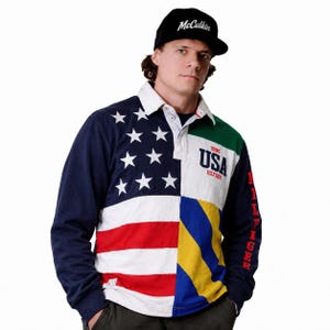 Tommy Hilfiger 90s Vintage Rugby Shirt USA Flag Patchwork Color Block Long Sleeve Polo Y2K Preppy Streetwear / Size M/L