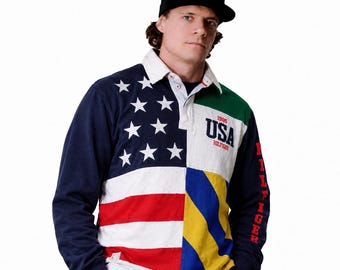 Tommy Hilfiger 90s Vintage Rugby Shirt USA Flag Patchwork Color Block Long Sleeve Polo Y2K Preppy Streetwear / Size M/L
