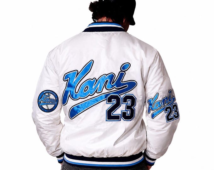 Vintage 90s Kani Sport Brooklyn New York Bomber Jacket – White & Blue Varsity Style Streetwear – Retro Hip Hop Jacket – Kani 23 / Size L