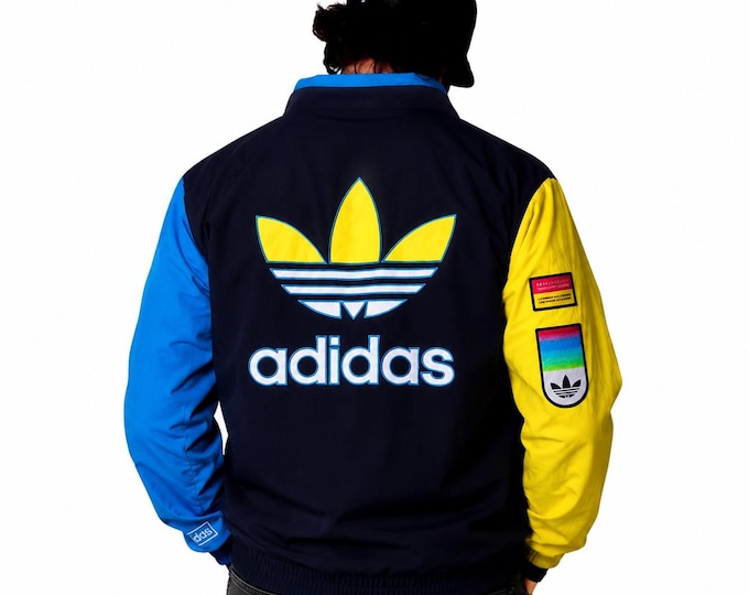 Vintage 90s Adidas Windbreaker Jacket Black Blue Yellow Big Logo Trefoil Streetwear Y2K / Size S