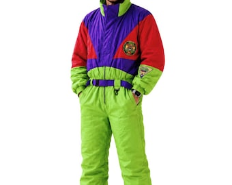 Vintage 90s Ski Snowboard Suit Rodeo, Color Block Snowsuit, Retro Ski Outfit, Purple Green Red Winter Sportswear, Y2K Skiwear / Size L/XL
