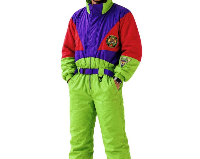 Vintage 90s Ski Snowboard Suit Rodeo, Color Block Snowsuit, Retro Ski Outfit, Purple Green Red Winter Sportswear, Y2K Skiwear / Size L/XL