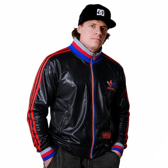 Vintage 90s Adidas Chile 62 Jacket Black Red Blue Shiny Track Top