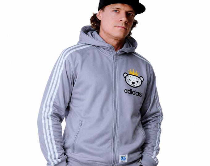 Vintage 90s Adidas x Nigo Bear Hoodie Gray Zip Up Trefoil Bear Graphic 3 Stripes Streetwear Y2K / Size M