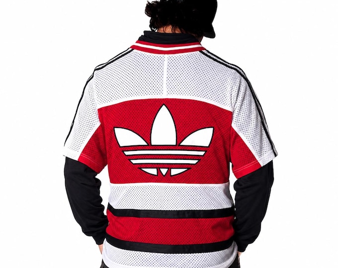 Vintage 90s Adidas Track Jacket Red White Black Mesh Zip Up Trefoil Jacket Retro Sportswear Unisex Hip Hop Streetwear / Size L