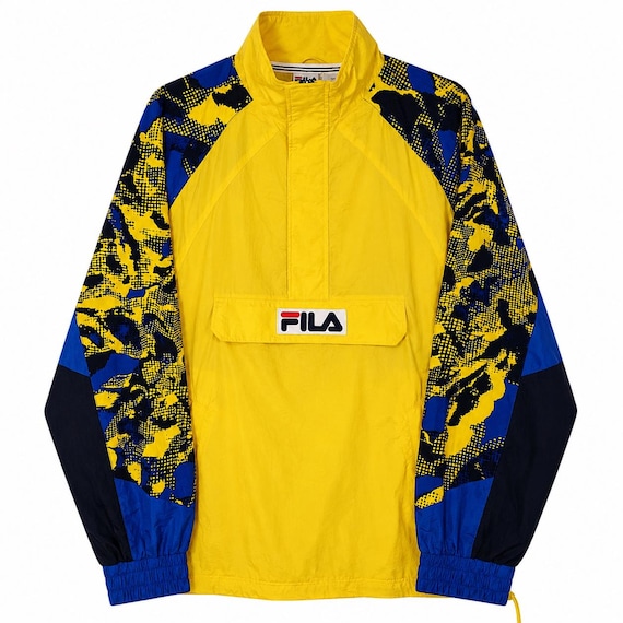 Vintage 90s Fila Windbreaker Jacket Yellow Blue Colorblock Pullover Anorak Retro Streetwear Lightweight Jacket / Size XL