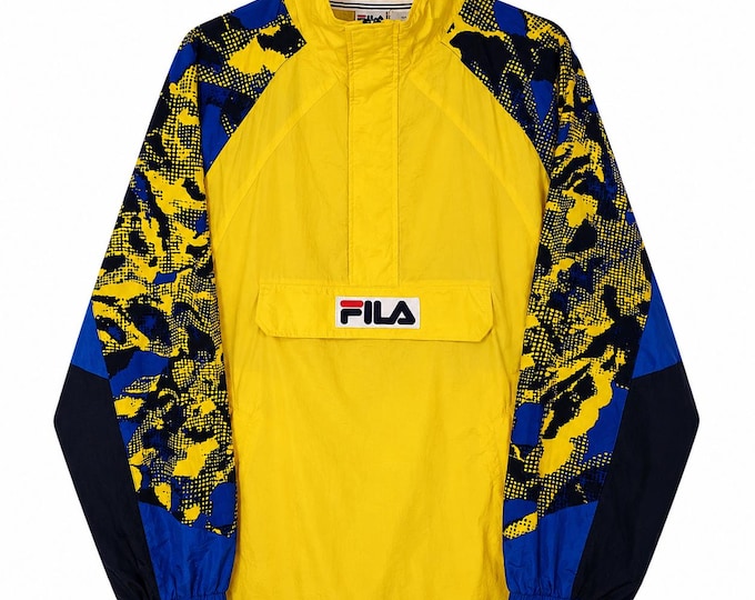 Vintage 90s Fila Windbreaker Jacket Yellow Blue Colorblock Pullover Anorak Retro Streetwear Lightweight Jacket / Size XL