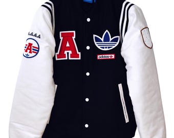 Vintage Adidas Varsity Jacket 90s Navy White Letterman Trefoil Big Logo College Style Bomber / Size S/M