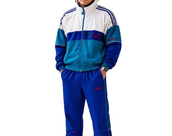 Vintage 90s Adidas Tracksuit Blue Teal White | Retro Full Zip Track Jacket & Pants Set | Embroidered Trefoil | Y2K Sportswear | Size M