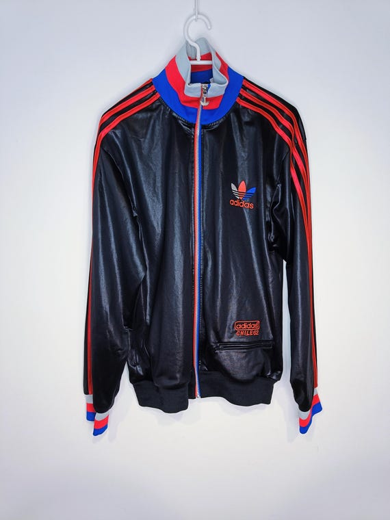 Vintage 90s Adidas Chile 62 Jacket Black Red Blue Shiny Track Top