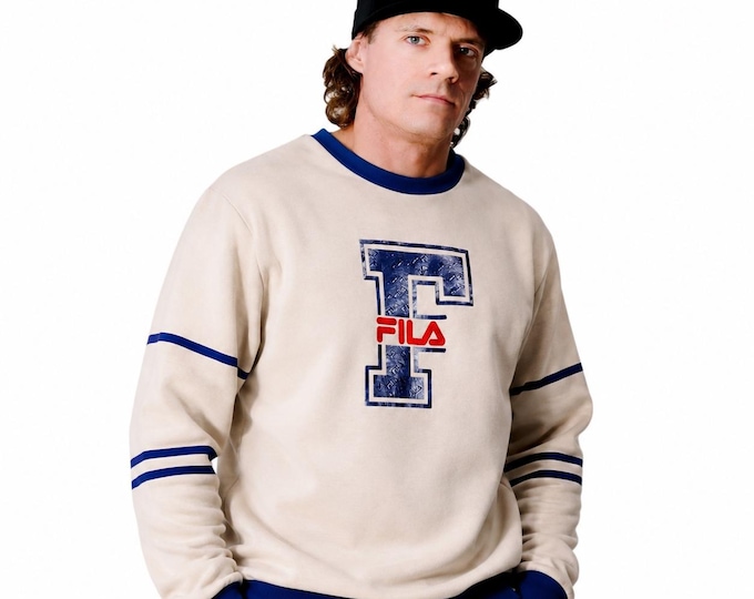 Vintage 90s FILA Sweatshirt Beige Navy Blue Spellout Logo Crewneck Retro Sportswear Pullover / Size S/M