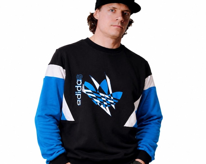 Vintage 90s Adidas Color Block Sweatshirt Black Blue White Trefoil Crewneck Pullover Retro Streetwear Unisex Oversized / Size M/L