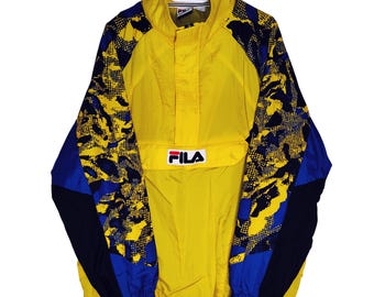 Chaqueta cortavientos Fila vintage de los 90, jersey anorak de bloques de color amarillo y azul, estilo retro urbano, ligera / Talla XL
