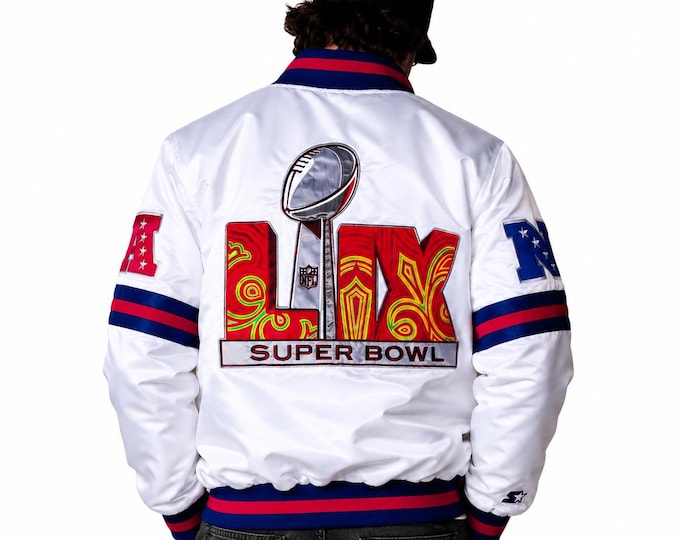 New Super Bowl LIX Starter Jacket White Satin NFL Team Apparel Snap Button Bomber Coat Usa Football Streetwear / Size L/XL