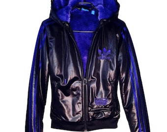 Vintage Adidas Chile 62 Jacket Black Purple Shiny Hooded Track Jacket Retro Streetwear Y2K / Size S Women's