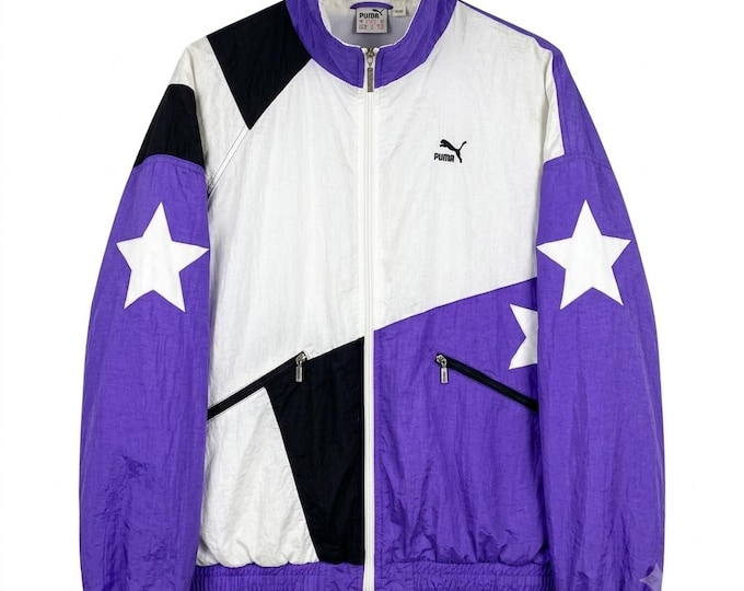 Vintage Puma Stars Light Windbreaker Track Jacket Size M Retro Style 90s y2k Oldschool Streetwear Purple White