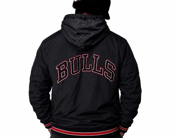 Vintage 90s Chicago Bulls Starter Jacket Black Red NBA Coat Hooded Zip Up Retro Streetwear / Size XL