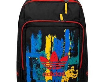 Vintage 90s adidas Backpack Black Graffiti Trefoil Bag Colorful Streetwear Y2K Hip Hop School Bag