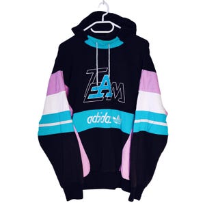 Sudadera con capucha Adidas Colorblock estilo años 90, color negro, rosa y turquesa, estilo oversize, ropa urbana retro, unisex / Talla L