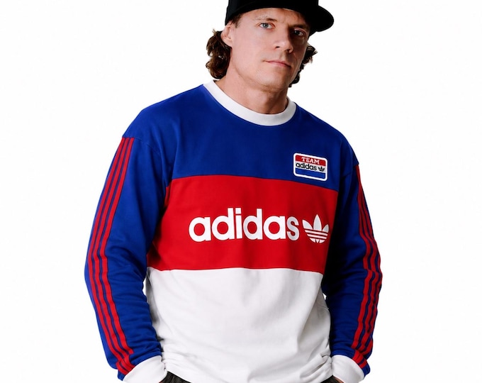 Vintage 90s Adidas Colorblock Sweatshirt | Retro Team Adidas Logo Crewneck | Blue Red White Striped Sleeves | Y2K Streetwear / Size M