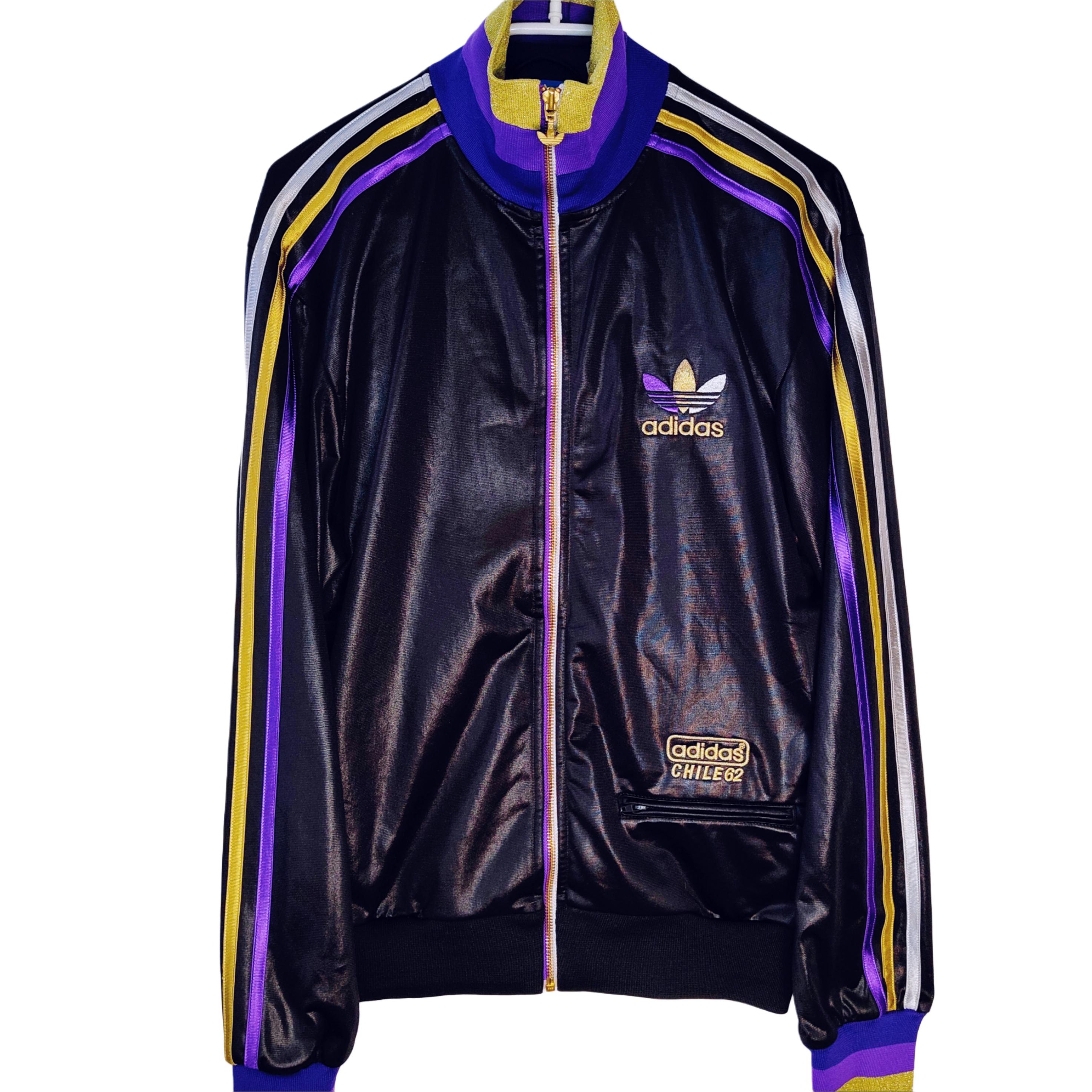 Vintage 90s Adidas Chile 62 Jacket Black Purple Yellow Shiny Track