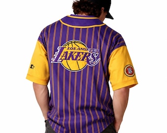 Vintage 90s Starter Los Angeles Lakers Jersey – Purple Yellow Pinstripe – NBA Button Up Shirt – Retro Basketball Streetwear / Size L