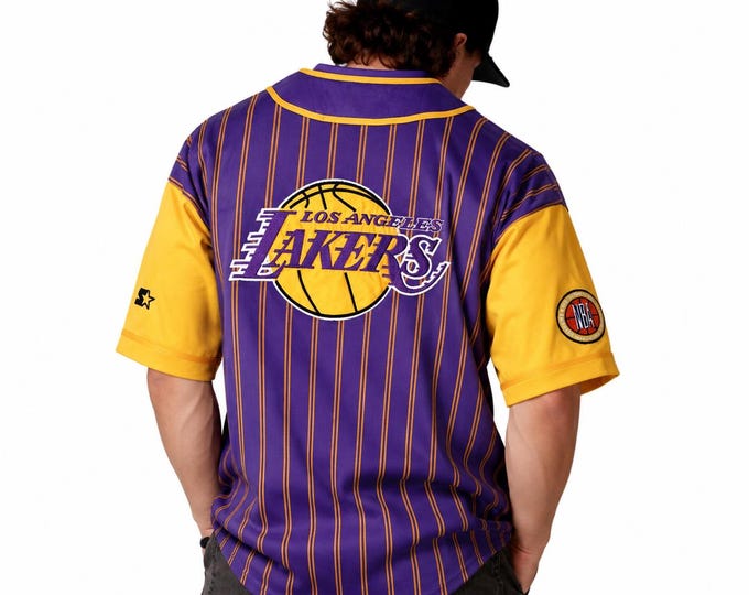 Vintage 90s Starter Los Angeles Lakers Jersey – Purple Yellow Pinstripe – NBA Button Up Shirt – Retro Basketball Streetwear / Size L